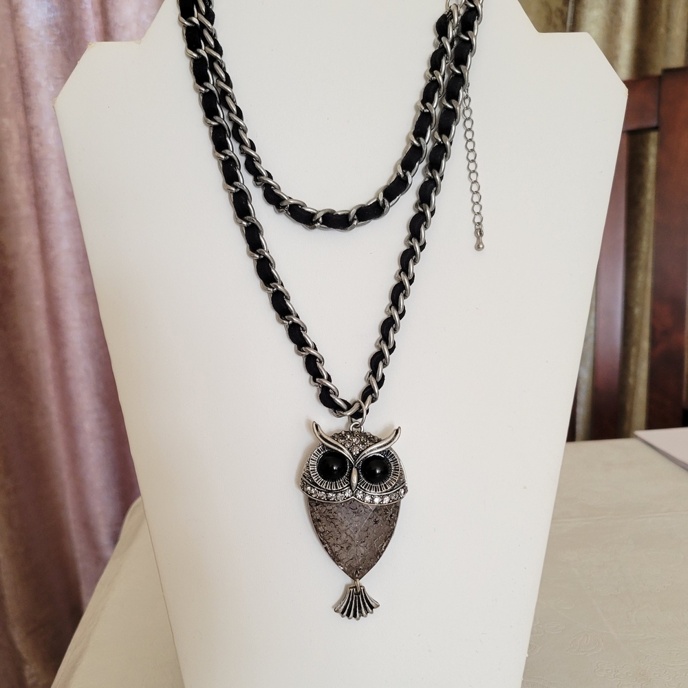 Cookie Lee Antique Silver and Black Crystal Owl Long Necklace